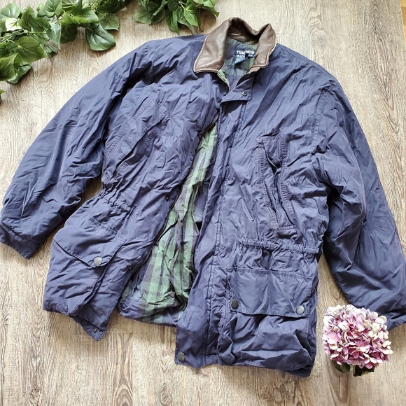 Nautica Puffer Jacket Blue Leather Collar Fall Winter Outdoor 90s Vintage - Picture 2 of 6
